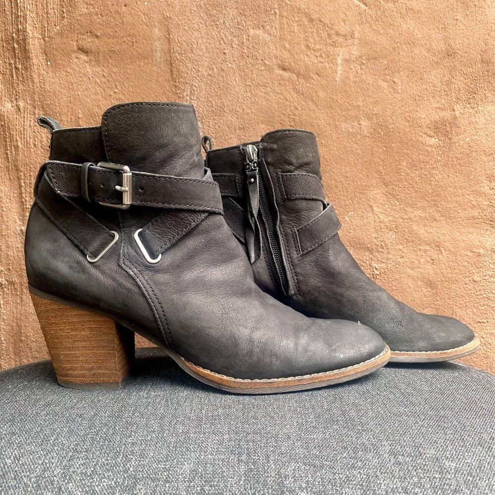 Sam Edelman Morris Black Leather Moto Heeled Ankle Boots w/ Buckles